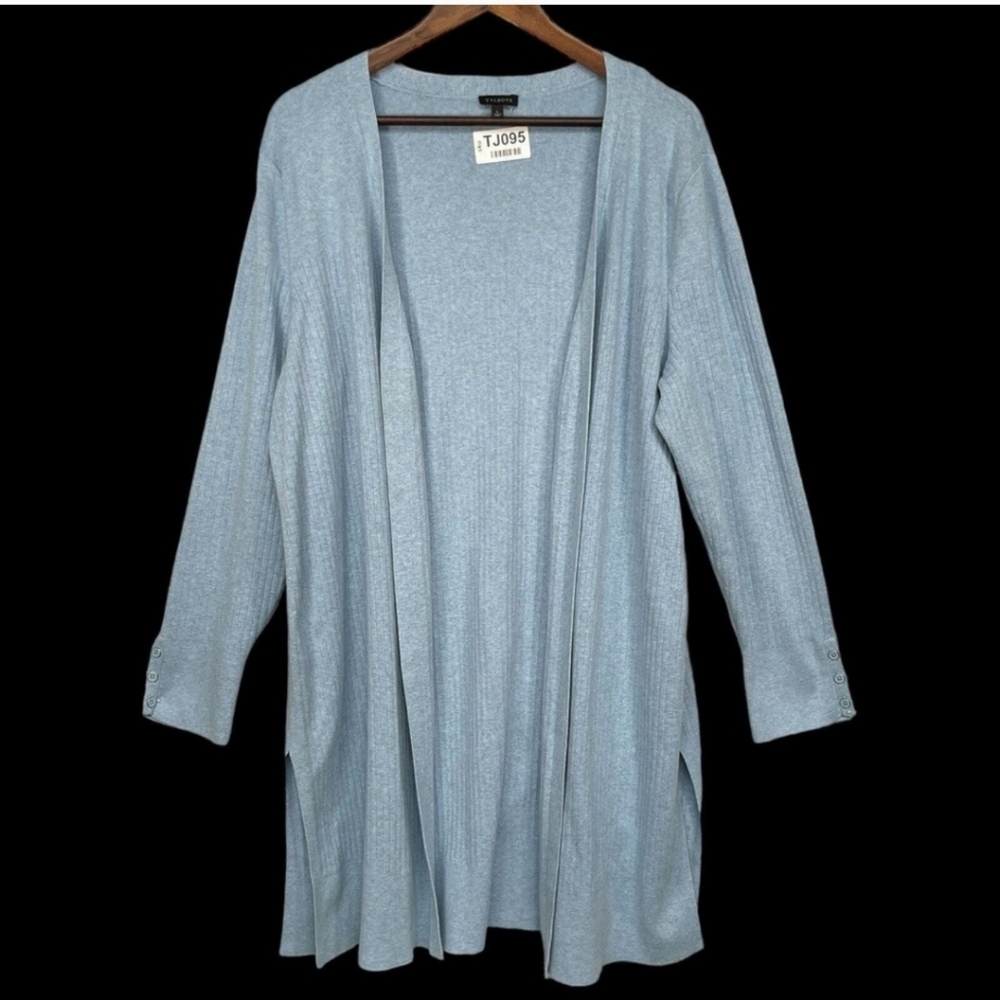 Talbots Tunic Sweater Women Size L Blue Stretchy Open Front Long Sleeve Knit